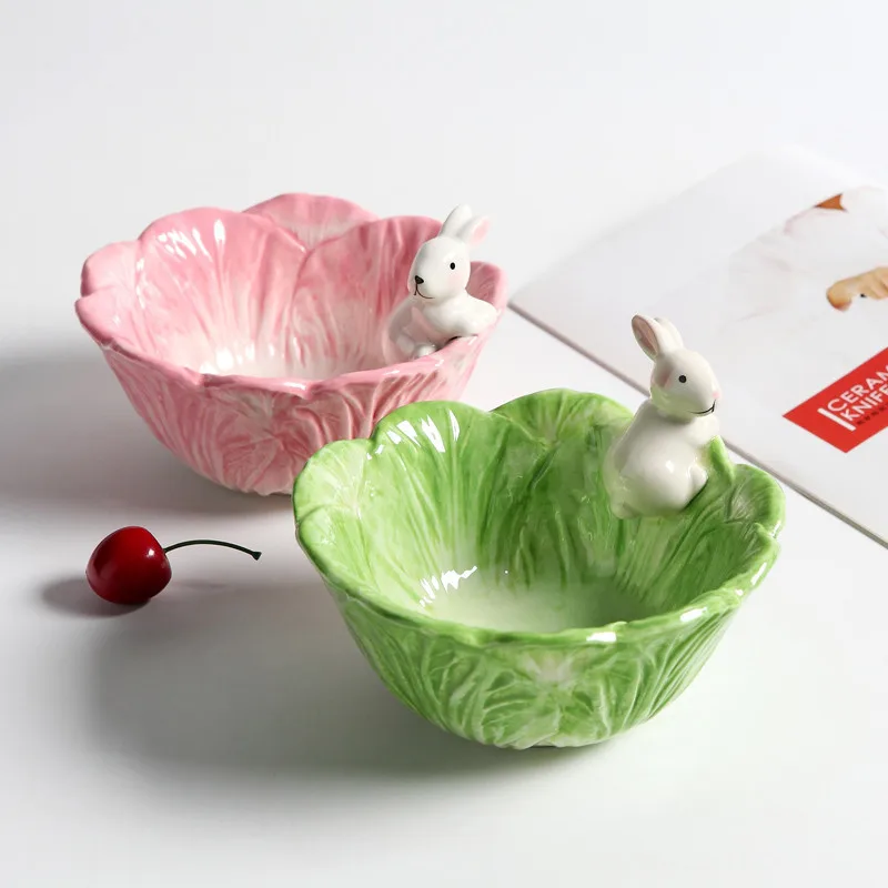 

Hand-Painted Glazed Ceramic Snacks Animal Tableware Chinese Cabbage Rabbit Bowl Cute Little Bunny Rabbit Baby Bowl