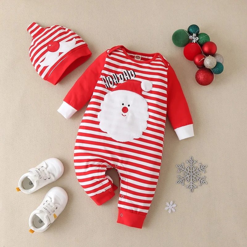 2 Pieces Ensemble Bebe Noel Vetements Dessin Anime Pere Noel Raye Patchwork A Manches Longues Bebe Combinaison Chapeau Bebe Fille Garcon Vetements 0 18m Aliexpress