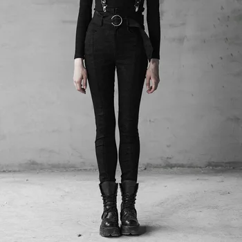 

PUNK RAVE Women Contrast Color High Waist Strap Jeans Removable Shoulder Sling Casual Long Trousers