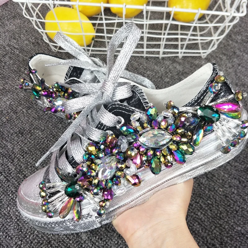 Bling, со стразами и кристаллами Кроссовки Женская повседневная обувь Винтаж холст Туфли без каблуков женские кроссовки; туфли с подошвой из вулканизированной резины zapatillas mujer