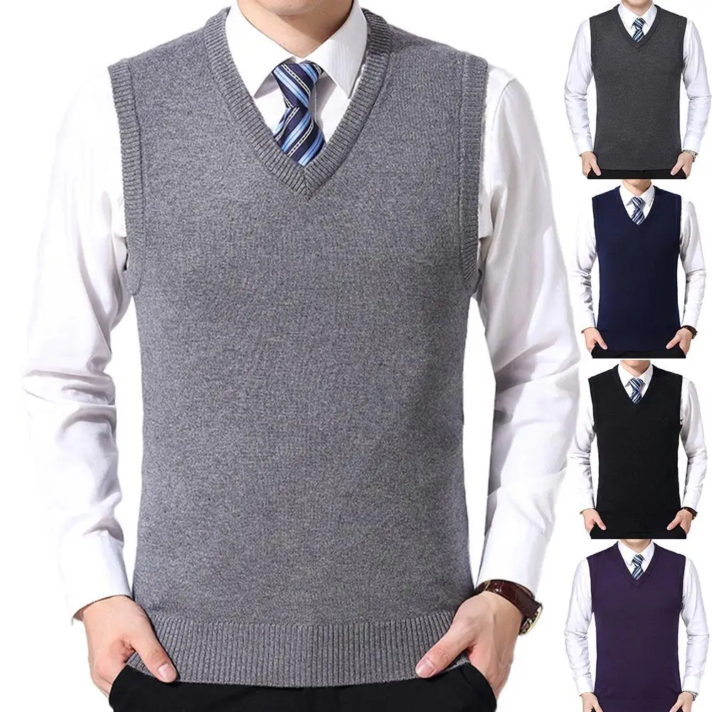 HOT SALES! Men Casual Winter Solid Color V Neck Sleeveless Knitted Woolen Plus Size Vest Knitted Woolen Vest Men Suit Vest