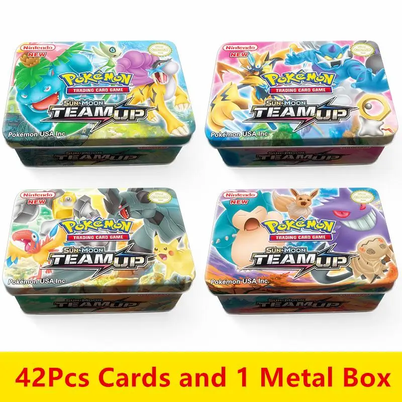 Anime 42 pièces/ensemble cartes Pokemon fer métal boîte TAKARA TOMY jouets jeu de bataille ronflement Gengar Eevee dessin animé enfants cadeaux de noël