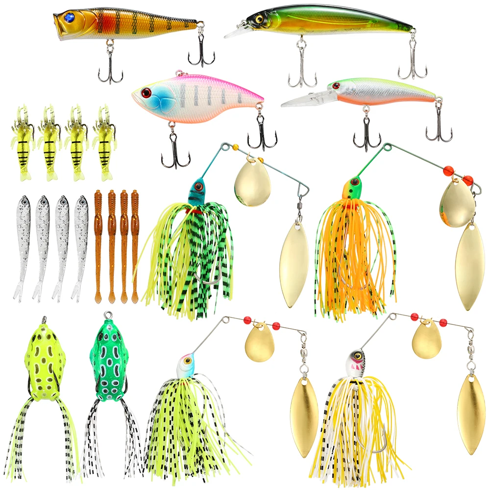 

Hot New 22pcs Fishing Lures Baits Minnow Popper VIB Spinnerbait Lures Baits Assorted Fishing Lures Set Artificial Soft Hard