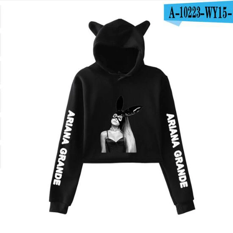 Harajuku Ariana Grande модный короткий свитшот с кошачьими ушками сексуальный пуловер с капюшоном Kpop женские топы пальто - Color: black