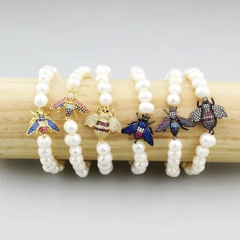 

7.5inch 5pcs/lot Fashion cz insect charm with pearl ,freshwater pearl bead with cz charm bracelet,handmade jewelry