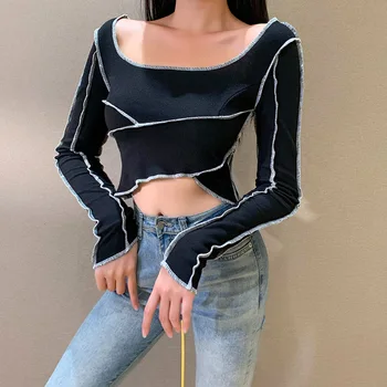 

VINStudio 2020 Women Irregular Slim Fit Tops Navel Exposed Tops Black Fashionable All Match Short Top
