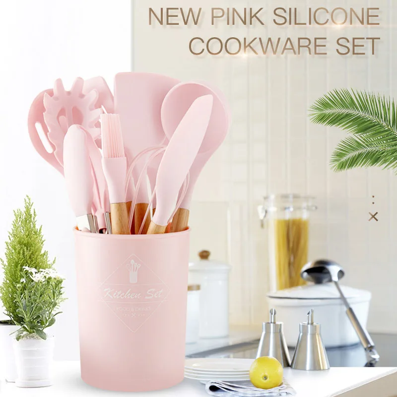 Розовый набор инструментов для приготовления пищи, премиум силиконовый набор посуды, токарные щипцы, лопатка, ложка для супа