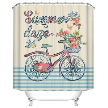 

Summer Bike with Flowers Waterproof Bathroom Fabric Shower Curtain with 7 Hooks