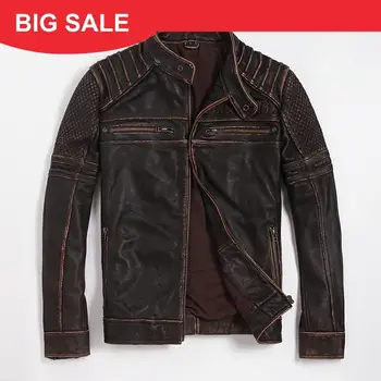 

2020 Vintage Brown Men Slim Fit Biker's Leather Jacket Large Size XXXL Genuine Cowhide Autumn Motorcycle Leather Coat