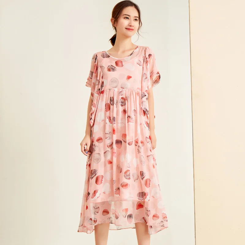 

silk dresses women natural 2020 spring summer pink printed dot floral office casual sexy dress loose plus size high quality