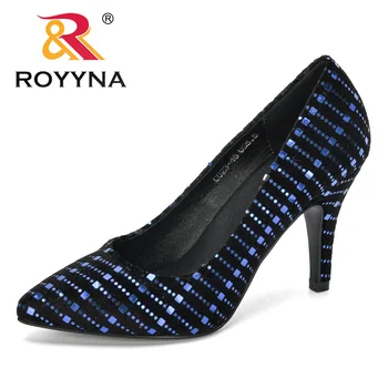 

ROYYNA 2019 New Designers Lady Flock Shiny Metal High Heels Autumn Pointed Single Shoes Women Wedding Female Sandals Comfortable