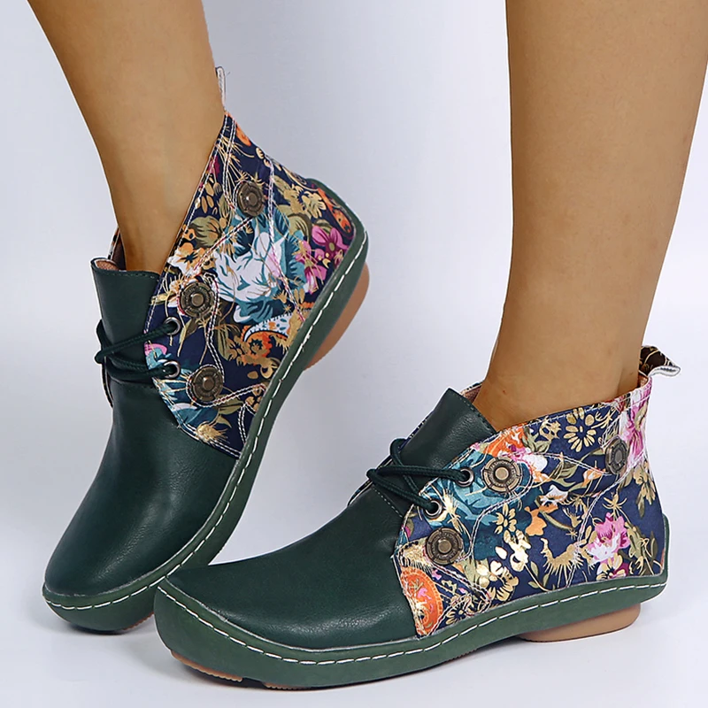 

Autumn Winter Women Boots Floral Printed Med High Heels Round Toe Shoes For Woman Red Green Black Fashion Pu Leather Shoes Plus
