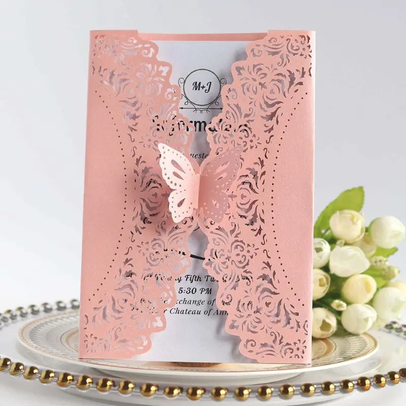  10pcs/set Glitter Laser Cut Lace Wedding Invitation Cards With Butterfly Bow For Wedding Bridal Sho - 4000539535995
