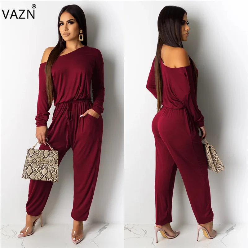 VAZN ML7240 Новые Летние повседневные Комбинезоны с длинными рукавами, 3 цвета, сексуальный комбинезон с круглым вырезом, Клубные длинные штаны, элегантные комбинезоны