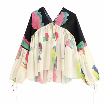 

HOMSTUDIO 2020 Spring Women's New Loose Thin V-neck Long Sleeve Wild Black Splicing Shirt Loose Ruffle Chiffon Shirt