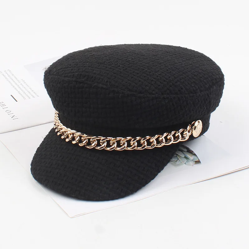 Темно-синяя шапка Newsboy шляпа для женщин плоский верх переплетение цепей осень зима теплая Повседневная Уличная одежда сплошной цвет - Цвет: Черный