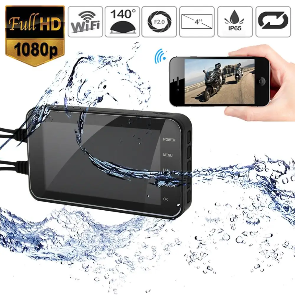 

1080P HD Waterproof Motorcycle Camera 4" DVR Front Rear Dual Lens WIFI Driving Video Recorder Dash Cam Moto Bike Recording