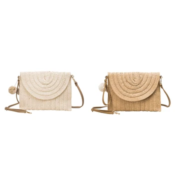 

Straw Shoulder Handbag Beach Messenger Satchel Bag Female Classic Women Pompom Weave Elegant Crossbody Shoulder Bag