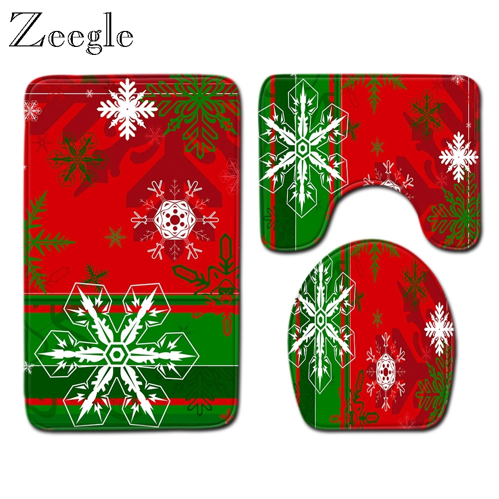Christmas Bathroom Mat Flannel Non Slip Bathroom Shower Mat Absorbent Toilet Pedestal Rug Soft Toilet Seat Cover 3pcs Toilet Set