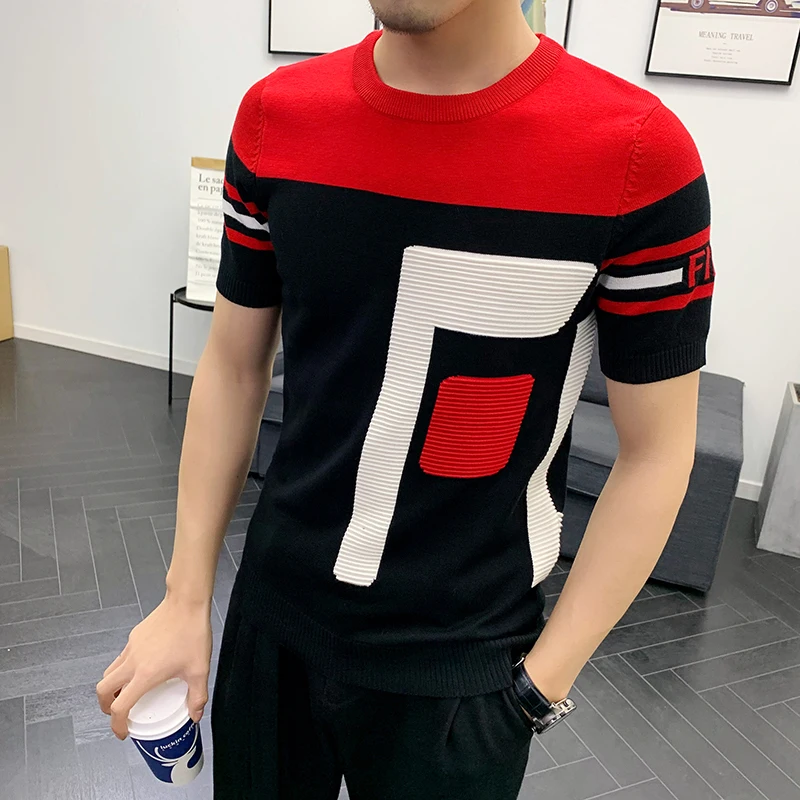 

Summer Dress Short Sleeve Male Knitting Tshirt Tee Jacquard Weave High Quality Streetwear Round Sleeve T-shirt kiki02