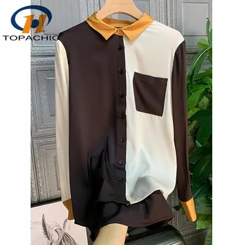 

12.19 Top Quality Contrast Color Patchwork 100% Silk Shirt Women New Turn-down collar Single breasted Fashion temperament Blouse