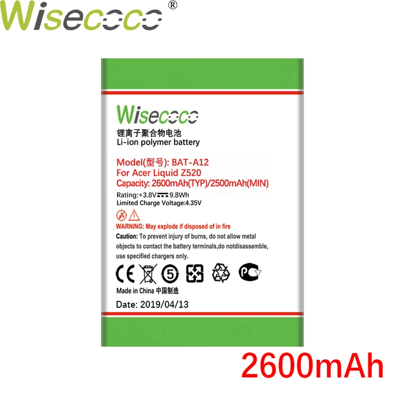 Wisecoco новый аккумулятор 2000 мАч для Acer Liquid Z520 две sim карты (P/N BAT A12 (1ICP4/51/65) KT.00104.002) +
