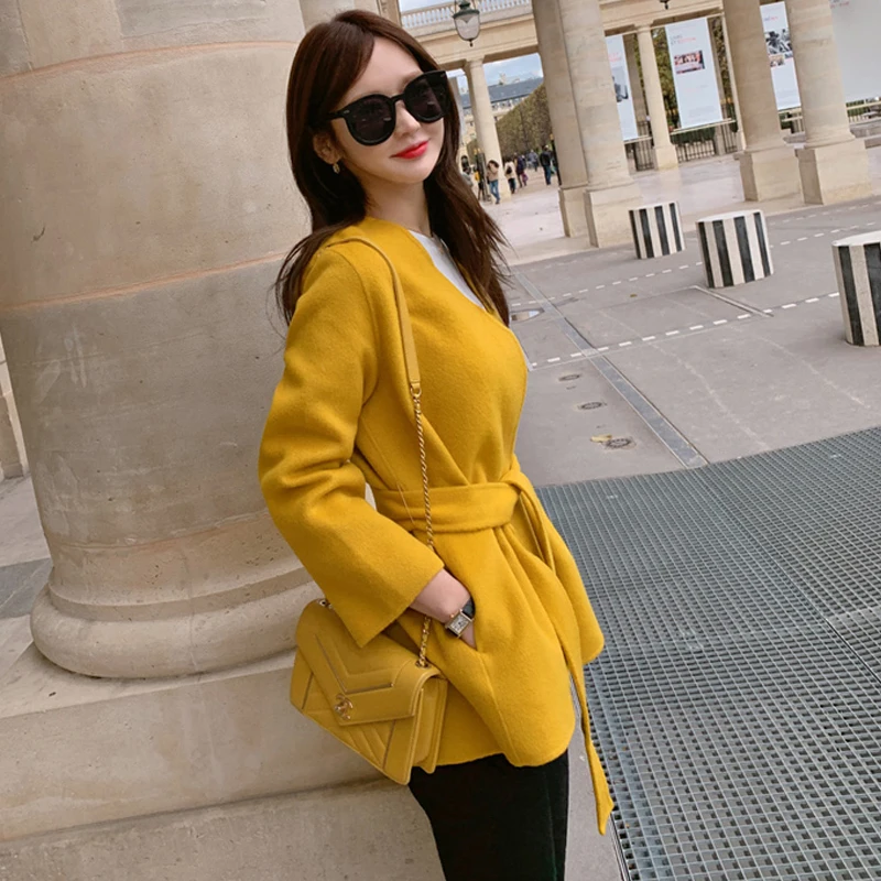 H Han queen, одноцветное пальто с v-образным вырезом на шнуровке, Короткое женское пальто, зима, повседневный Тренч в Корейском стиле, OL, милые прямые тренчи