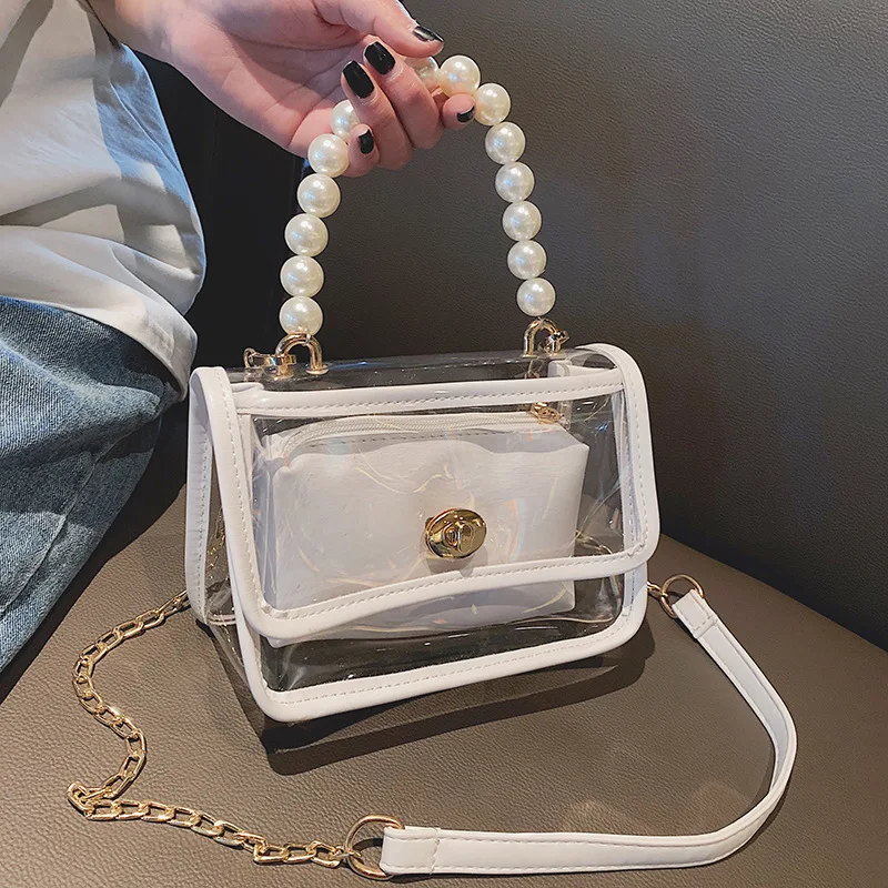 

Summer Transparent Bag Women's 2020 New Style Fashion Korean-style Versatile Shoulder Bag Chain Bag Pearl Fashion Shoulder Bag