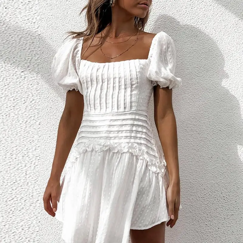 Для женщин элегантные белые короткие вечерние платья модные, пикантные с низким вырезом на спине, с перекрестной шнуровкой, мини-платье с оборками в горошек плиссированные платья