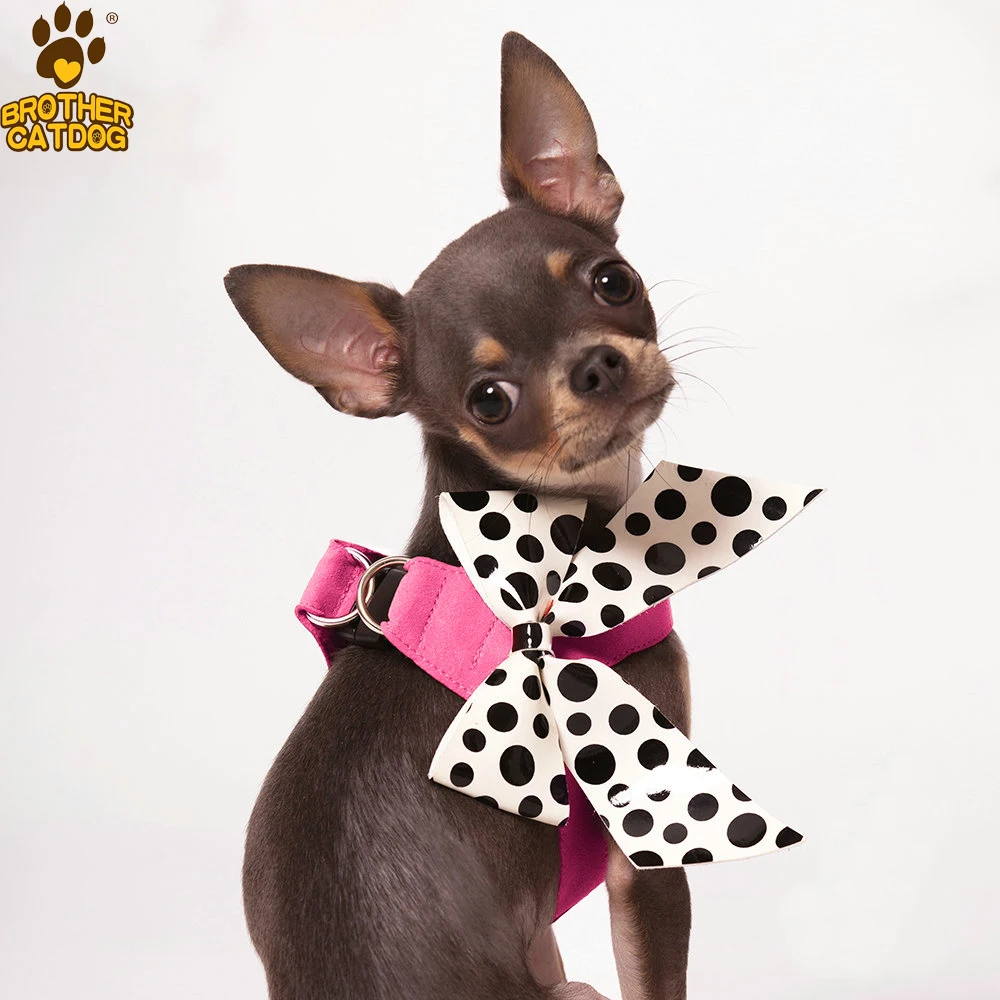pink with leash Мягкий замшевый кожаный ремень для маленьких собак для собак, щенков, чихуахуа, Йоркских кошек, милая шлейка с поводком, жилет для животных, бант в горошек, Новинка - Цвет: pink with leash