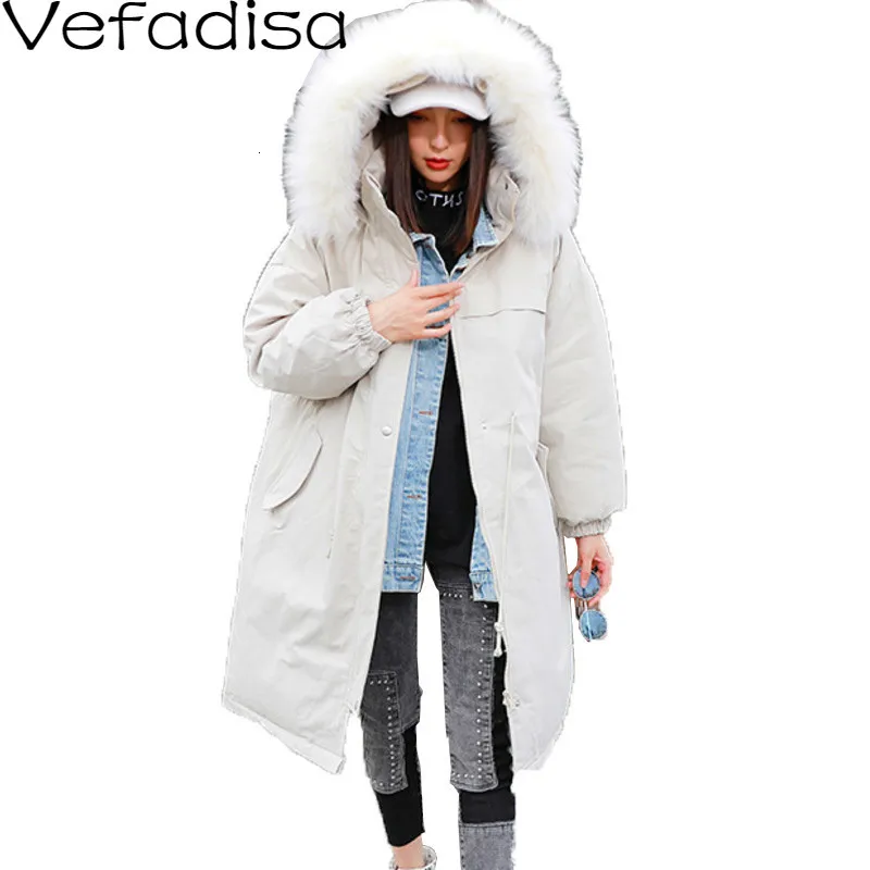 

Vefadisa Denim Patchwork Hooded Parka Woman 2019 Winter Thick Detachable Fur Collar Drawstring Waist Parka White Yellow QYF1432