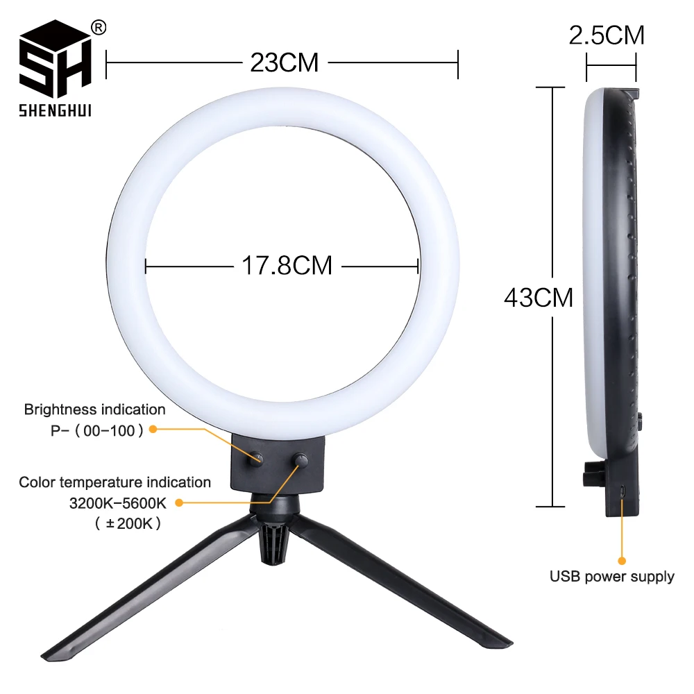 SH-9 인치/23cm 셀카 링라이트 Led 사진 필 조명 삼각대 스탠드, Usb 충전 Led 램프 메이크업 라이브 스트림