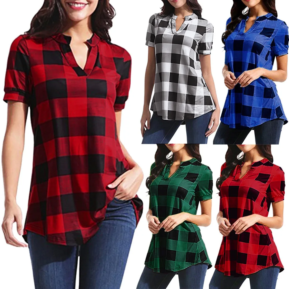 Dibujo de cuadros camisa de las mujeres pantalón corto Casual de manga túnica Tops Sexy V-cuello cómodo blusa de verano de mujer de 5xl de talla grande Топ Женский
