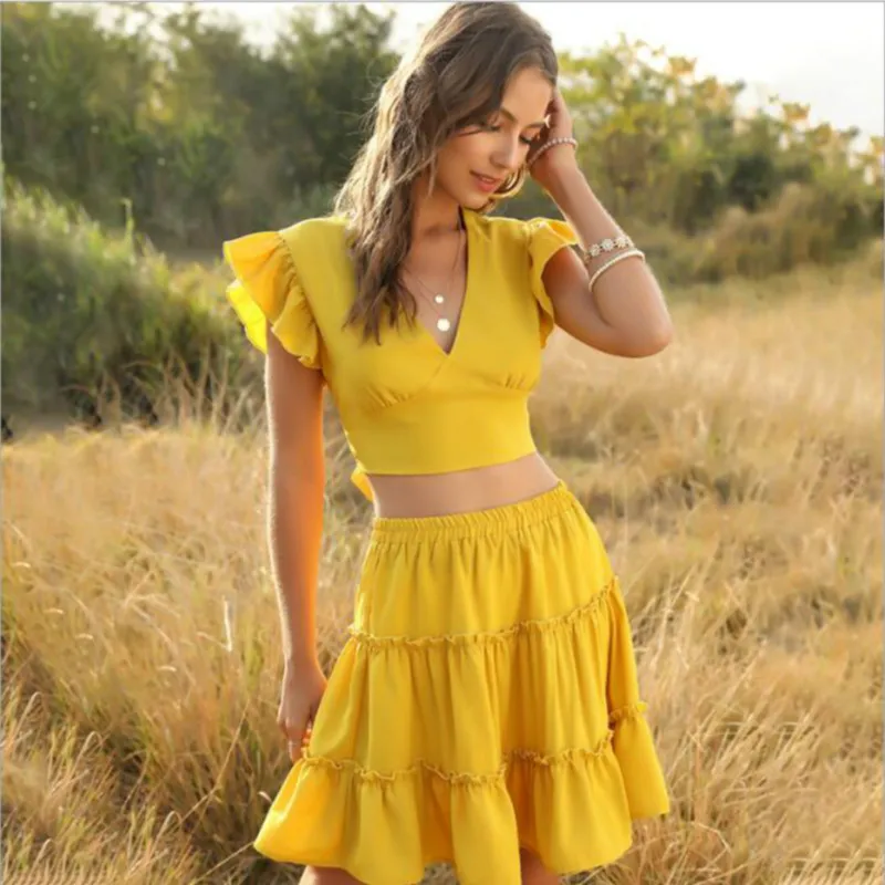Lofia Women Two Piece Outfits 2 Piece Outfits for Women Two Piece Set Lofia Cake Skirt Lotus Leaf Short Sleeve Sexy Crop Top