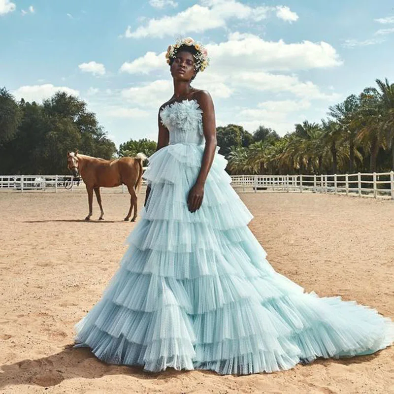 

Robe de soiree Mint Blue Layered Tulle Evening Gown Formal Dress Long Train Ball Gown Ruffled Prom Party Dresses vestidos