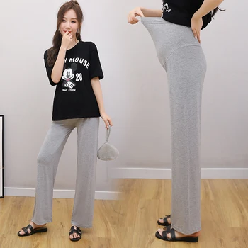 

1195# Summer Thin Modal Maternity Full Long Pants High Waist Belly Wide Leg Loose Clothes for Pregnant Women Pregnancy Lounge