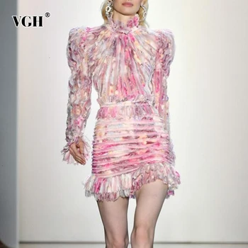 

VGH Print Patchwork Ruffle Women's Dresses Stand Collar Puff long Sleeve High Waist Pencil Mini Dress Fashion 2020 clothing tide