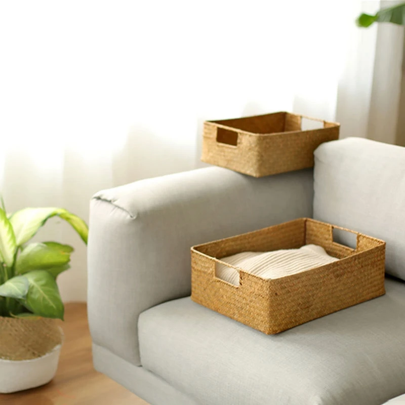 Natural Large Woven Basket Straw Rattan Storage Basket Wicker Woven Rattan Sundries Organizer Makeup Desktop Weave Box 4