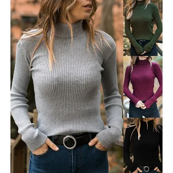 

Spot 2019 Express Wish Blockbuster High-collar Long-sleeved Slim Sweater Casual Top for European and American Ladies