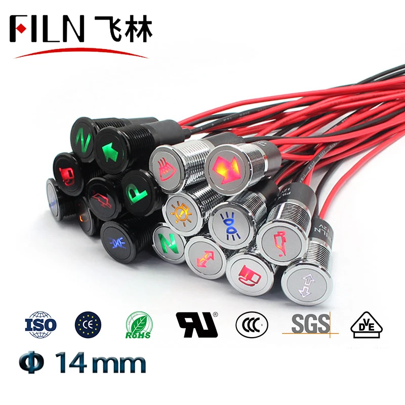 

FILN 14mm black shell led red yellow blue green car applicance symbol 12v led indicator light with 20cm cable