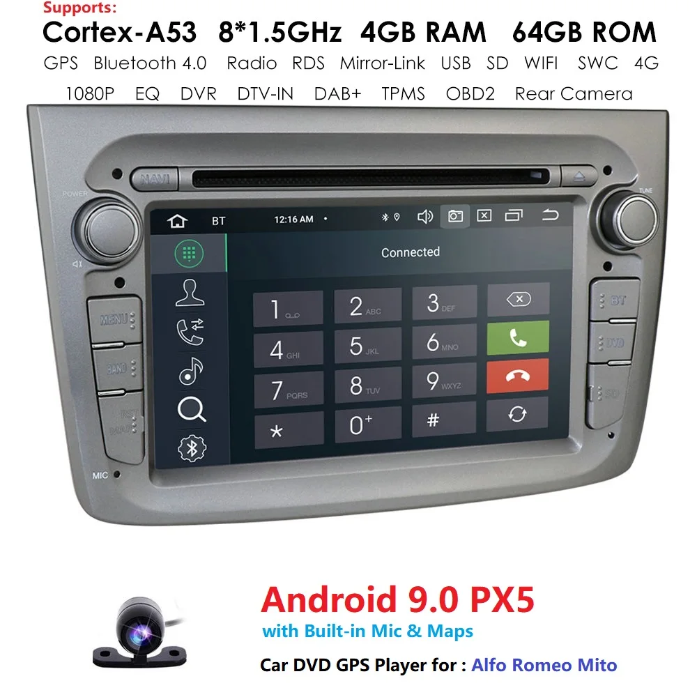4G wifi Android 9,0 Автомагнитола 1 Din для Alfa rom eo Mito 2008-Автомобильный мультимедийный 8 ядерный ОЗУ 4 Гб ПЗУ 64 Гб dvd-плеер DVR DTV камера
