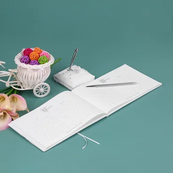

New Personalized Guest Book White Satin Wedding Guset Signature Book and Pen Stand Set with Lace Flower Faux Rhinestone Decorati