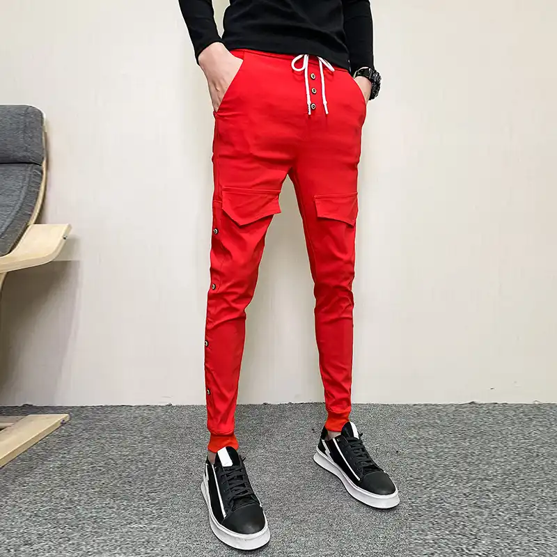 春の新韓国スリムフィットハーレムパンツ男性服シンプルなファッションの装飾カジュアルジョギングパンツ黒 赤 グレー ホワイト ハーレムパンツ Aliexpress