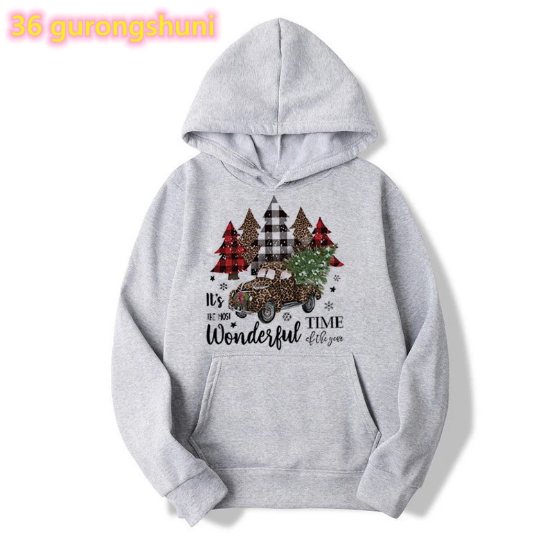 It Is Wonderful Time Leopard Tree Car Graphic Print Gray Sweatshirt Women'S Clothing Funny Merry Christmas Gift Cap Hoodies sweatshirts halloween it s the most wonderful time of the year bleached sweatshirt in multicolor size l m s xl