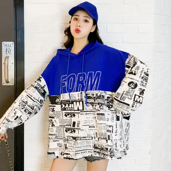 

#4847 Autumn Thin Hoodies Sweatshirts Women Split Joint Pullovers Hoodies Loose Hooded Sweatshirt Harajuku Fashion Blue Black