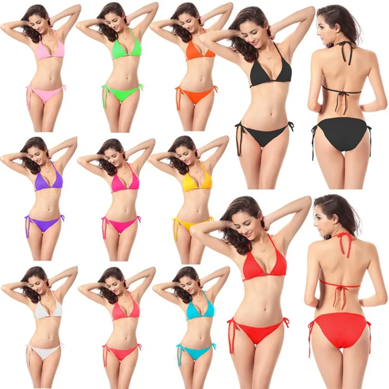 2020 Multiple Colour Sexy Bikini Set Split Free Shipping Women Underwear Swimsuit Halter Push Up Ladies Bandage Pink Swimwear 01