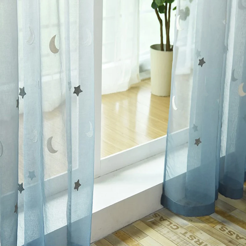 Градиент звезды лунный занавес мультфильм для детской комнаты синий лен вуаль для гостиной балкон прозрачная тканевая драпировка на заказ M154#30