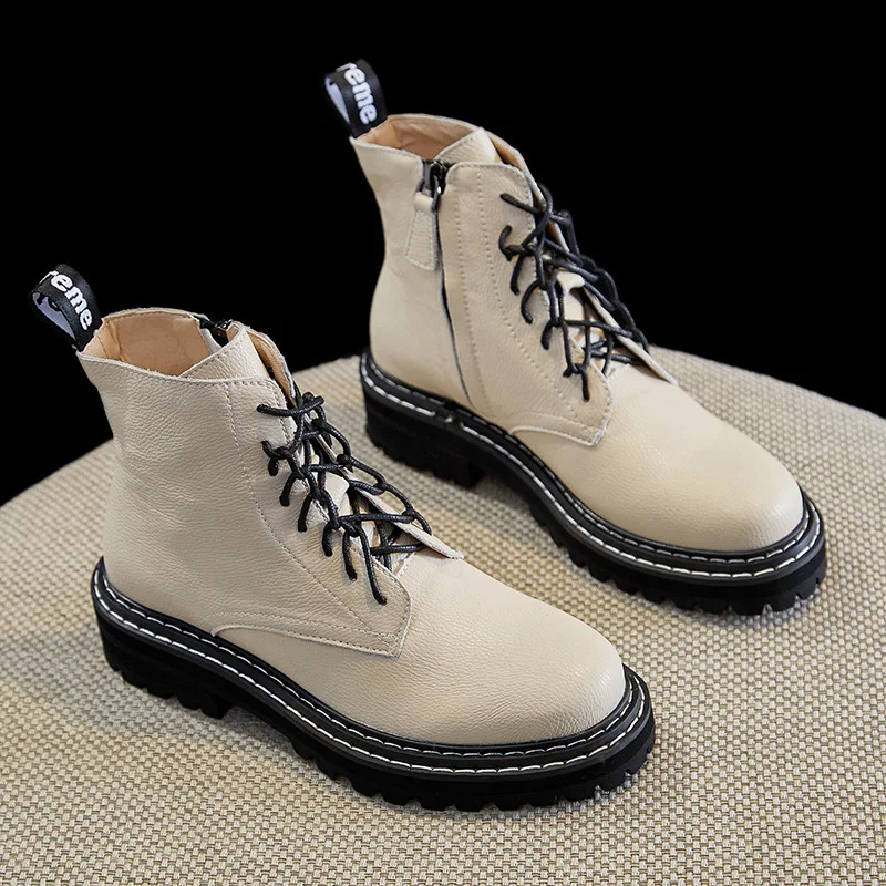 

Winter Genuine Leather plus Velvet Leather Boot Black And White with Pattern Martin Boots Women's New Style Korean-style Versati