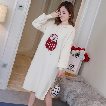 

Long Maternity Hooded dress Funny Pattern Nursing Dress For Breastfeeding With Hooded Sweatshirt Feeding dress Autumn Winter New