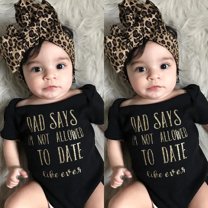 Trendy Kids Baby Girls Clothes off shoulder summer letter print short sleeve Bodysuit Leopard Headband 2pc cotton casual set